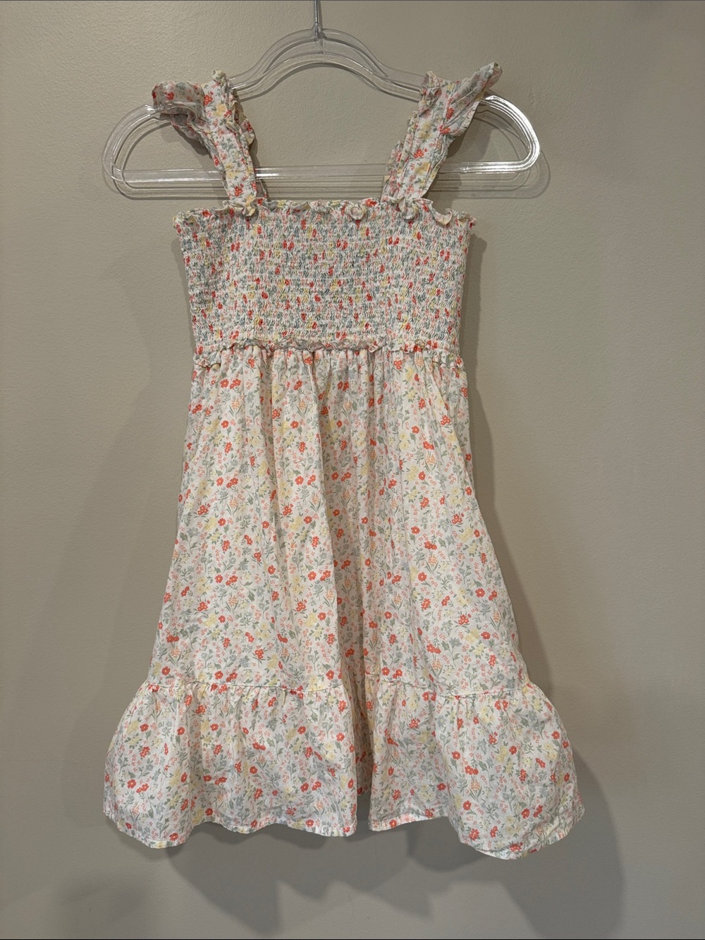Janie and Jack Cream Floral Smocked Sundress Flutter Sleeve 100% Cotton lined